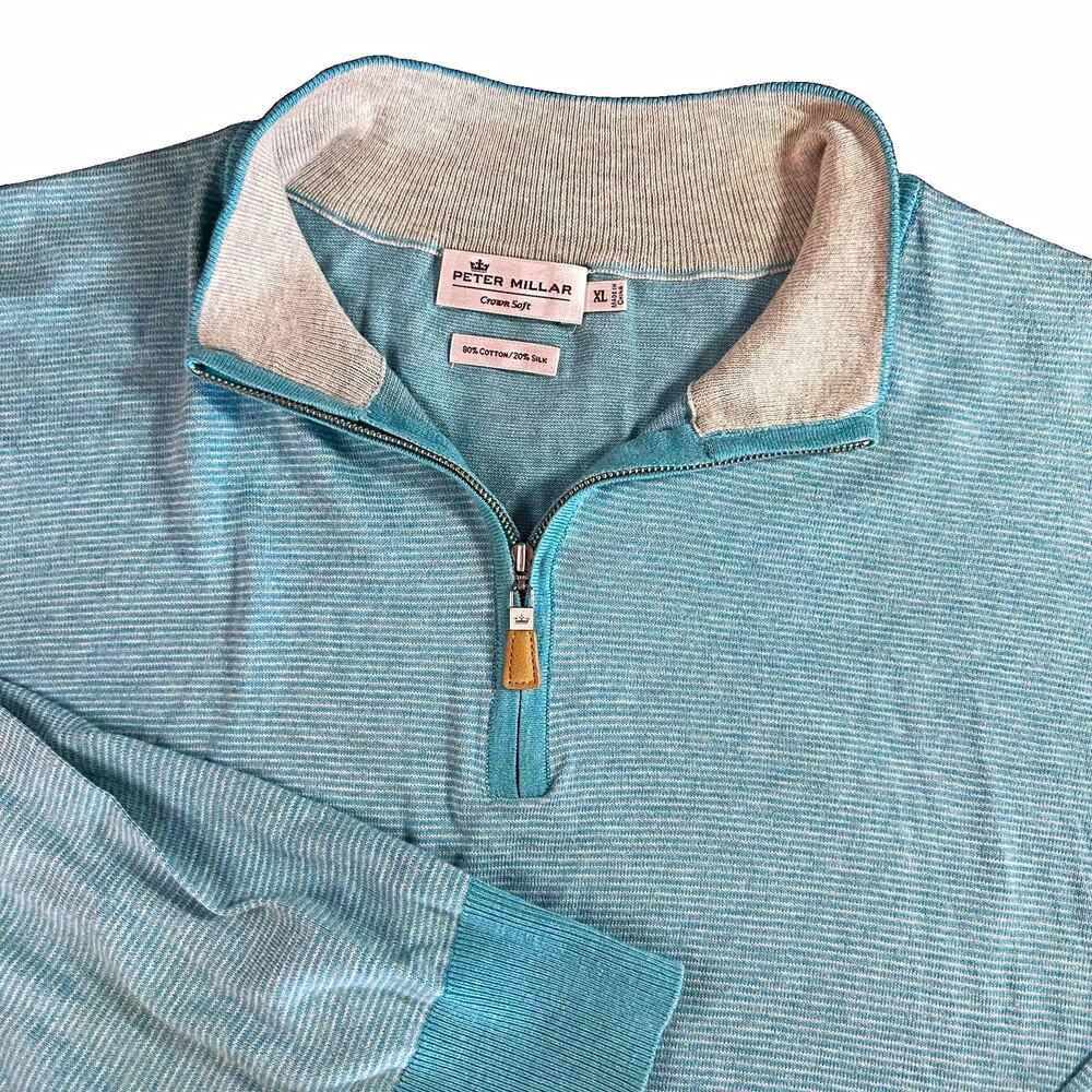 Peter Millar Crown Soft Men XL Quarter Zip Sweater Blue White Stripe Cotton Silk